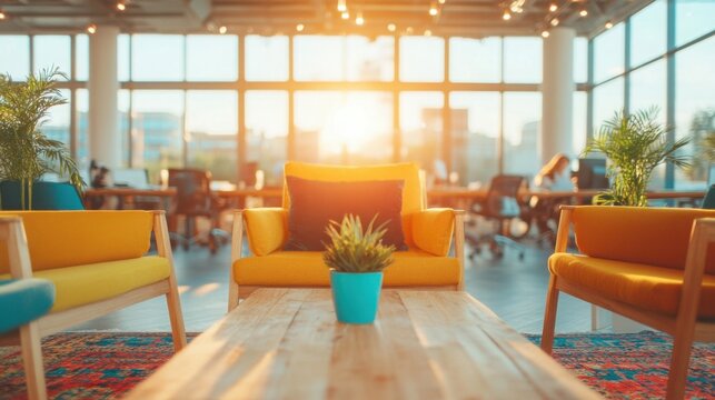 Modern Office Lounge Sunlit Yellow Chairs Plants Co working Space