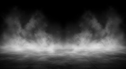 Fototapeta premium Eerie fog swirls above a dark reflective tiled floor creating a mysterious atmospheric scene