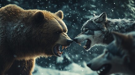 Grizzly bear and wolves facing off in snowy forest