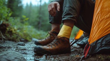 A hiker sits by an orange tent, adjusting boots on a muddy forest trail after rain, surrounded by lush greenery.
