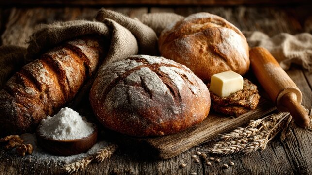 Hearty homemade bread made with whole grains, arranged on a wooden table, kitchen and bakery theme