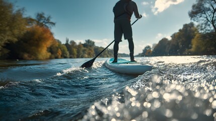 Stand-up-Paddling auf ruhigem Fluss bei herbstlicher Naturkulisse
