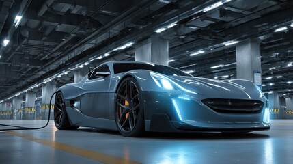 Obraz premium Electric car plugged into charging station in stylish business center underground garage, futuristic energy scene