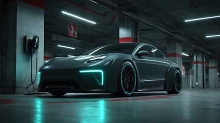 Futuristic electric car charging in an underground garage, concept of sustainability and smart mobility