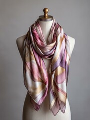 A stylish silk scarf draped on a mannequin A beautifully designed silk scarf featuring elegant pastel colors and floral patterns, perfect for adding a touch of style to any outfit.