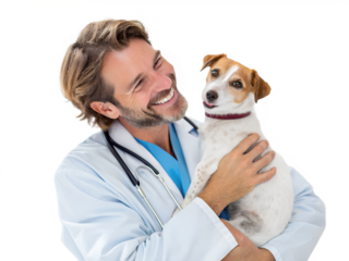 Veterinarian smiling while holding a dog in a clinic setting
