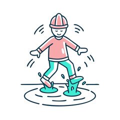 Child playing joyfully in puddles wearing a helmet on a minimalist background
