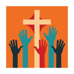 Colorful abstract illustration of raised hands in prayer before a christian cross symbol