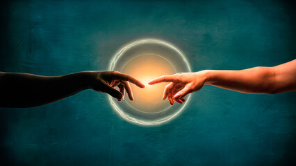 Creation of adam hands reaching connection god divine touch spirituality art