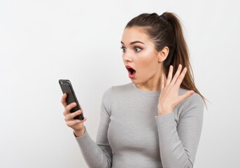 Stylish young woman with a ponytail, holding a phone in one hand, other hand raised in shock, playful and exaggerated surprised expression 2