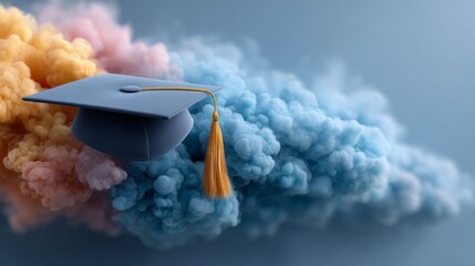 A vibrant abstract background features soft clouds of pastel colors, highlighting a graduation cap resting on the display. The cap is accented with a long golden tassel, symbolizing achievement