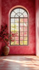 Interior view of a room with a large arched window.