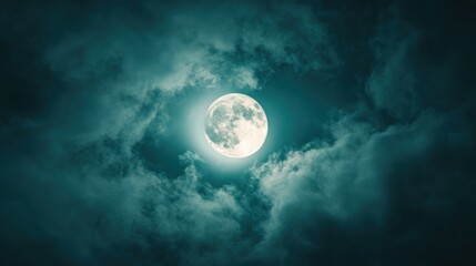 Mystical full moon casting ethereal light through swirling midnight clouds