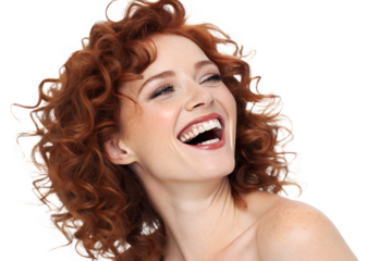 Smiling woman with curly red hair on a clear background