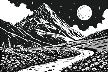 Fototapeta premium 4 Black and white illustration, majestic mountain landscape, full moon, starry night sky, fluffy clouds, winding path, distant buildings, blooming flowers in foreground, circular composition, intricat