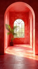 Vivid crimson hallway with arched doorway and tropical foliage.