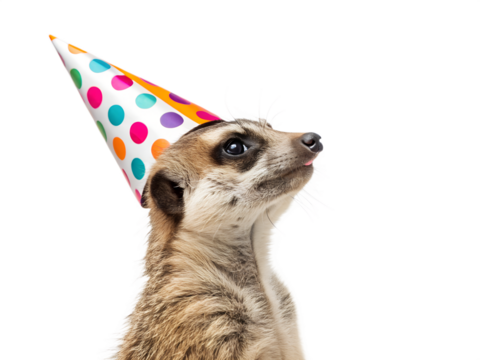Meerkat wearing a colorful birthday hat with a playful expression