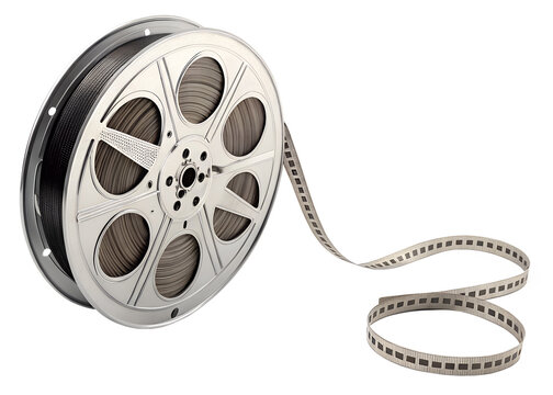 Naklejki Film reel with classic movie tape unwound on a transparent background