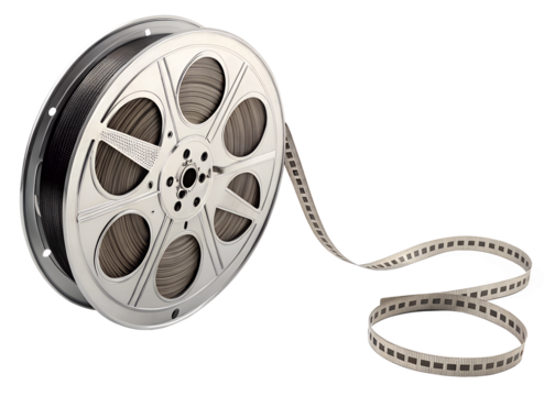 Film reel with classic movie tape unwound on a transparent background