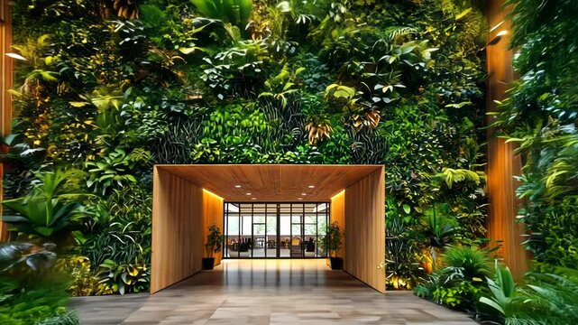 Lush indoor atrium with a living wall