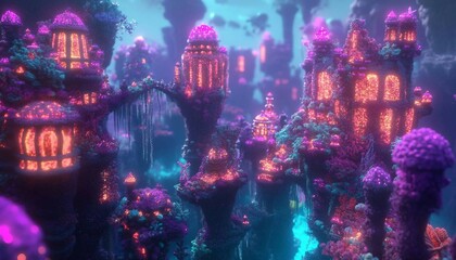 Abyssal City Beneath the Waves, A submerged city of coral-encrusted towers illuminated by bioluminescent sea creatures, 