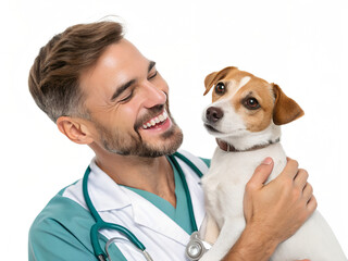 Veterinarian and dog sharing a joyful moment in clinic