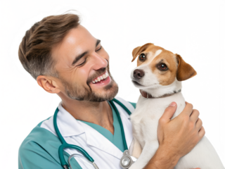 Veterinarian and dog sharing a joyful moment in clinic