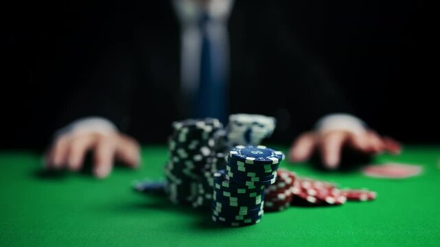 Man in suit pushing stacks of chips forward, going all-in at poker table