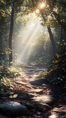Obraz premium Sunlit forest path natures serene landscape