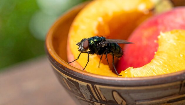 Metallic Green Fly on Peach Halves in Rustic Bowl - Powered by Adobe