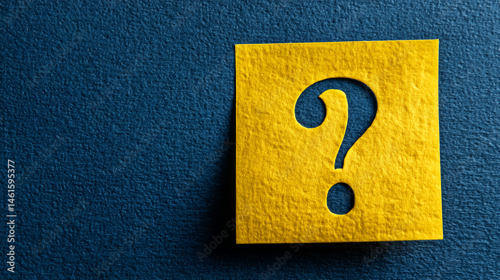 Poster yellow square with question mark cutout on dark blue background, suggesting inquiry, doubt, or uncer