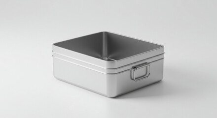 Empty, brushed metal lunchbox, resting on a plain white surface. Empty storage container with handle for food storage or organization on a simple white backdrop.