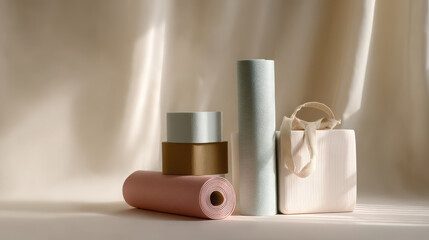 Naklejka premium serene display of yoga mats blocks and straps on minimalist background