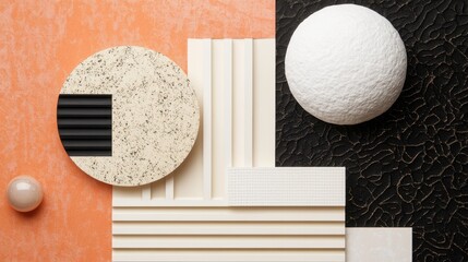 Geometric shapes and textures on a colorful background.