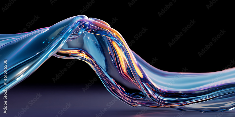 Poster Abstract image of blue iridescent liquid flowing, creating dynamic curves and reflections against a dark background, showcasing fluidity and movement