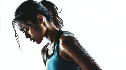 Young East Asian Indian woman tired after practicing exercise try to recover. hard run workout. sweaty. success fit sports. flat background. png