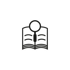 Open book with magnifying glass icon. Outline vector illustration on white background.