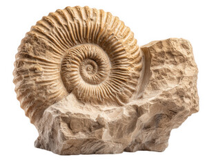 Beautifully preserved ancient shell fossil isolated on rock, showcasing intricate spiral patterns and textures. This stunning piece highlights beauty of natural history and geology
