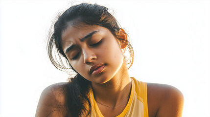 Young East Asian Indian woman tired after practicing exercise try to recover. hard run workout. sweaty. success fit sports. flat background. png