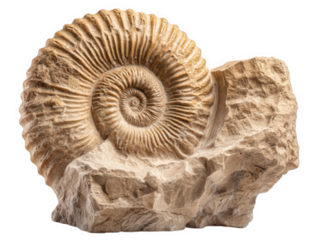 Beautifully preserved ancient shell fossil isolated on rock, showcasing intricate spiral patterns and textures. This stunning piece highlights beauty of natural history and geology