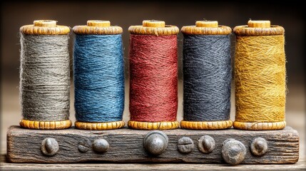 Five Spools of Colorful Thread on Rustic Wooden Stand