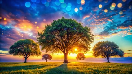 Dreamy Bokeh Landscape: Serene Blue Sky and Majestic Trees