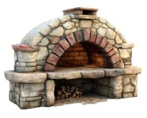 Stone pizza oven with rustic design featuring arched opening and stone baking surface. Ideal for outdoor cooking, this oven adds charm and functionality to any backyard setting