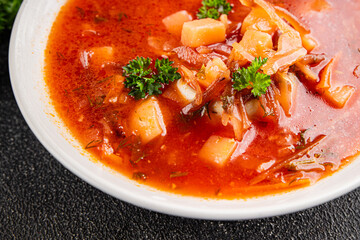Soup vegetables red borscht first course vegetable dish fresh delicious gourmet food background on the table rustic food top view copy space keto and paleo diet vegetarian and vegan food