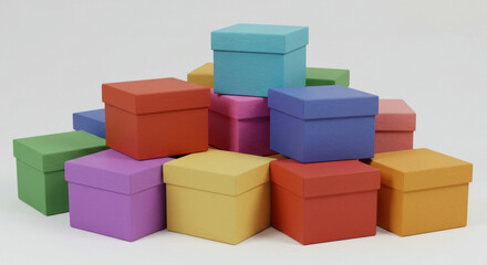 Obraz premium Colorful square gift boxes in various shades of the rainbow stacked in a pyramid formation. Colorful gift boxes in a studio setting.