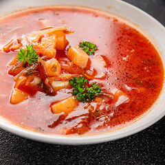 Soup vegetables red borscht first course vegetable dish fresh delicious gourmet food background on the table rustic food top view copy space keto and paleo diet vegetarian and vegan food