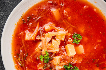 Soup vegetables red borscht first course vegetable dish fresh delicious gourmet food background on the table rustic food top view copy space keto and paleo diet vegetarian and vegan food