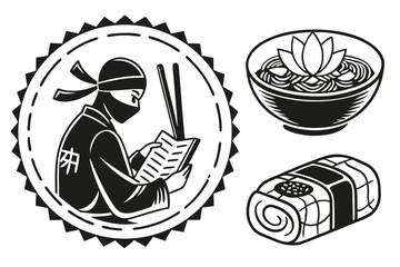 22 Black and white illustration, Japanese-inspired icons, ramen bowl with chopsticks, ninja silhouette reading book, lotus flower, sushi roll with chopsticks, simple linework, high contrast, stamp-lik