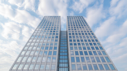 Obraz premium Skyward Ascent: Architectural marvel soaring towards the clouds, reflecting the serene blue sky. A beacon of modern design and innovation, against a backdrop of fluffy clouds.