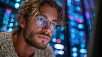 Coder analyzing large datasets with server room in background, internet network and data processing concept